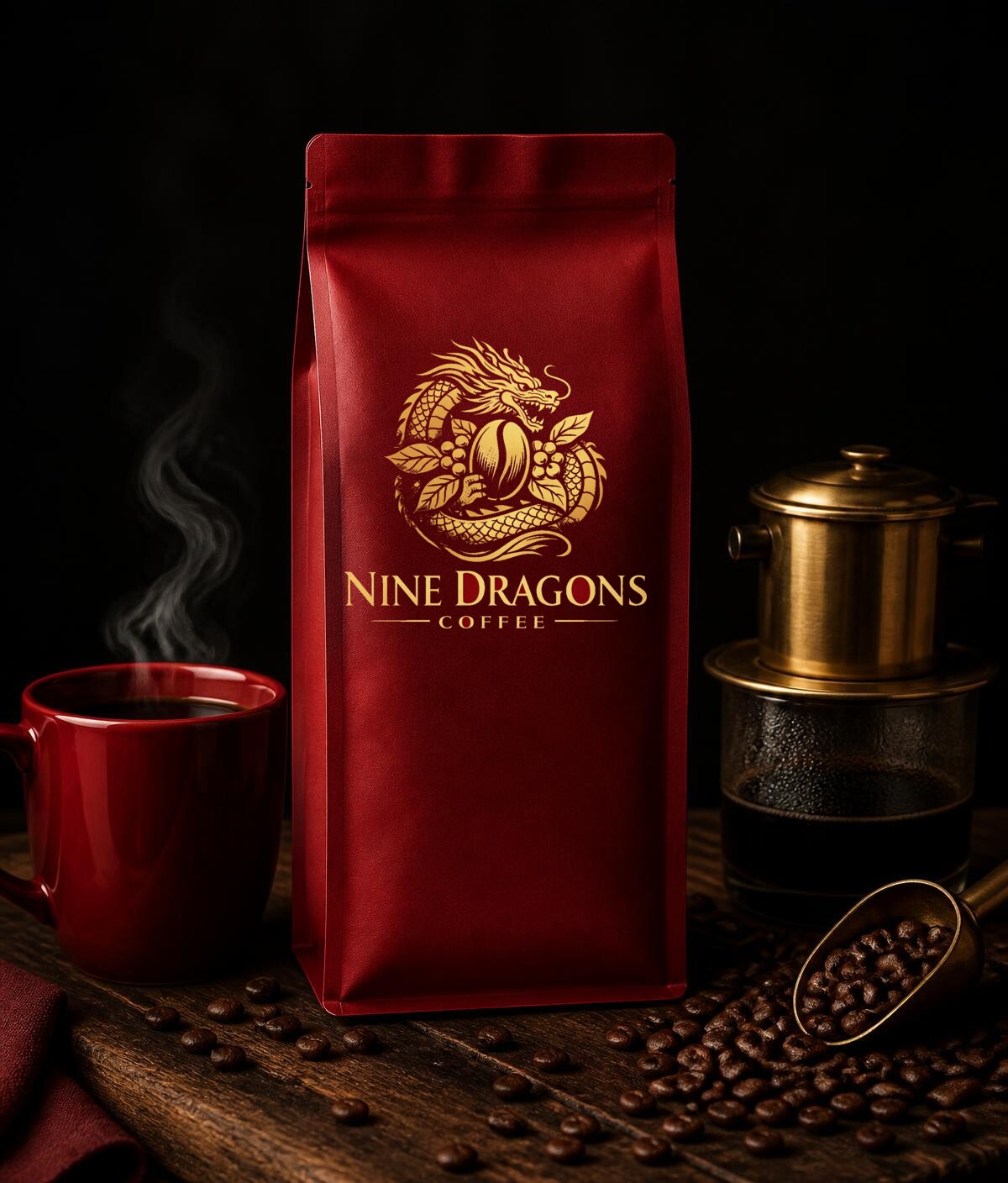 Nine Dragons Coffee bag with a red mug of black coffee, brass phin filter and roasted beans