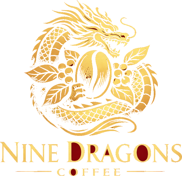 Nine Dragons Coffee logo: a gold dragon coiled around a coffee bean